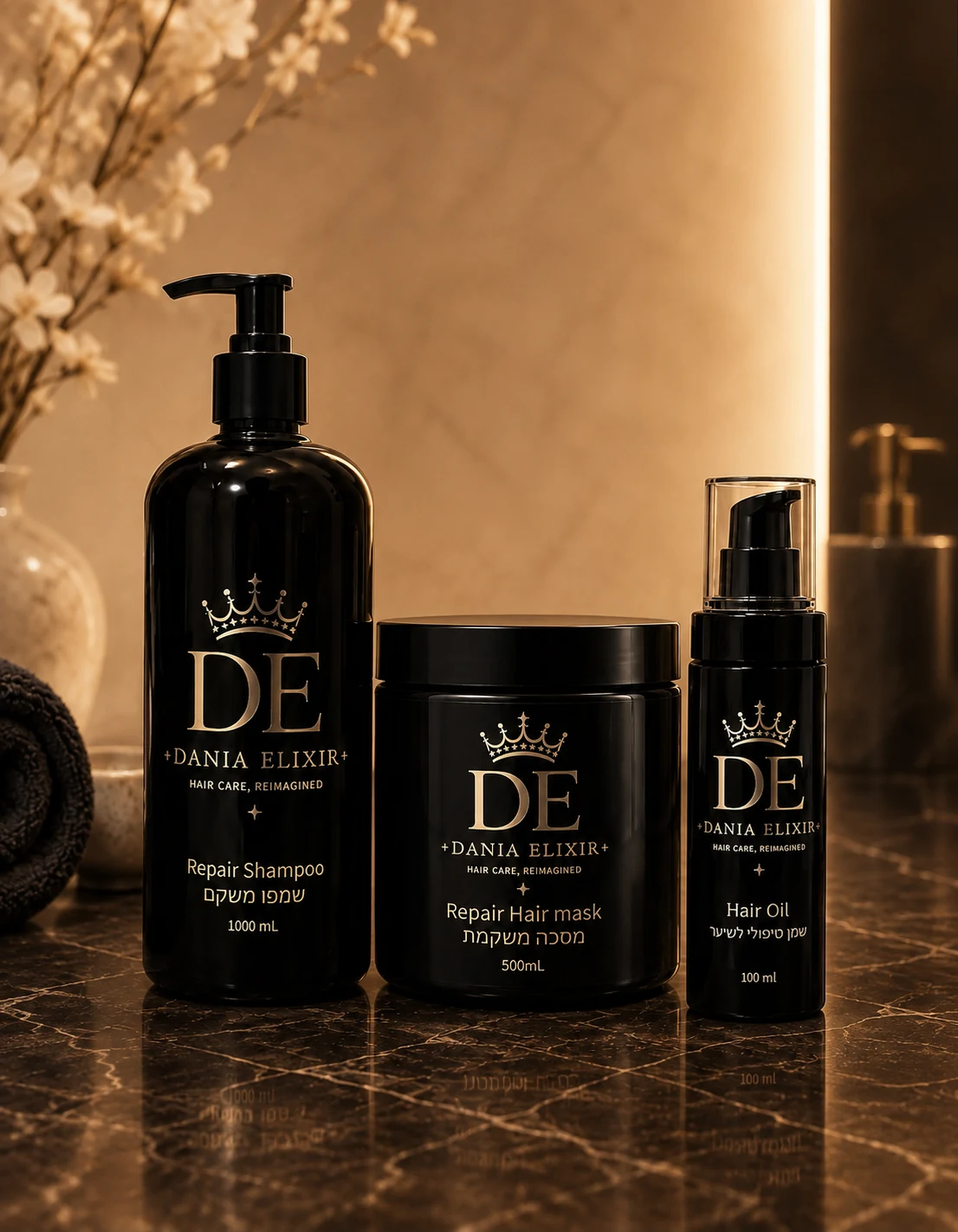 ערכת הטיפוח המלאה של Dania Elixir — שמפו, מסכה ושמן לשיער
